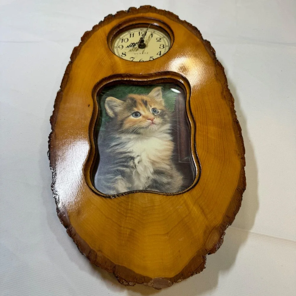 Vintage Live Edge‎ Wood Wall Clock Kitten Picture Frame Rustic Cabin Decor Brown